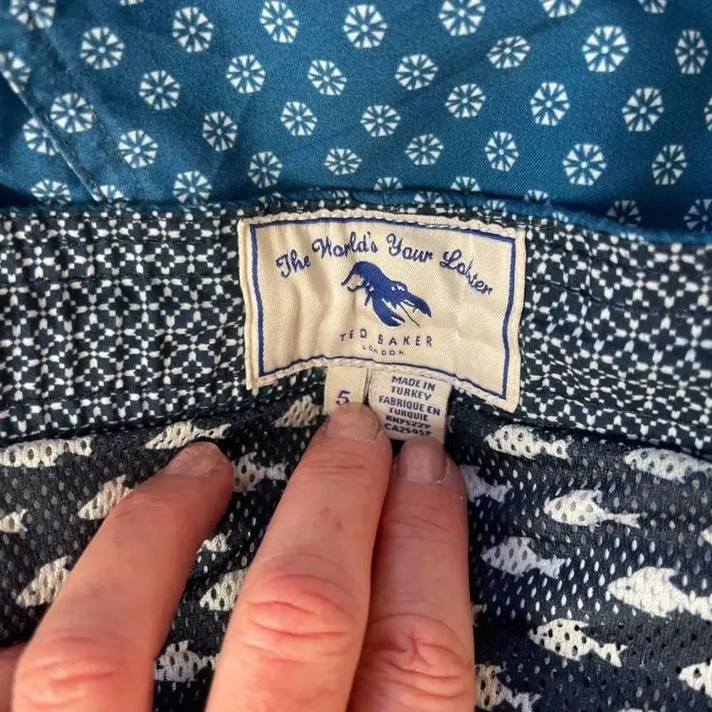 Ted Baker London Swim Trunks Blue Fish Floral Lined Pockets X-Large Vacation
